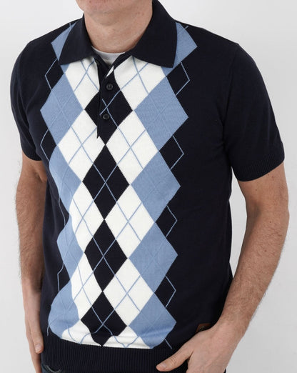 Trojan Argyle Fine Knit Polo Navy
