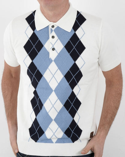 Trojan Argyle Fine Knit Polo White-Sky-Navy