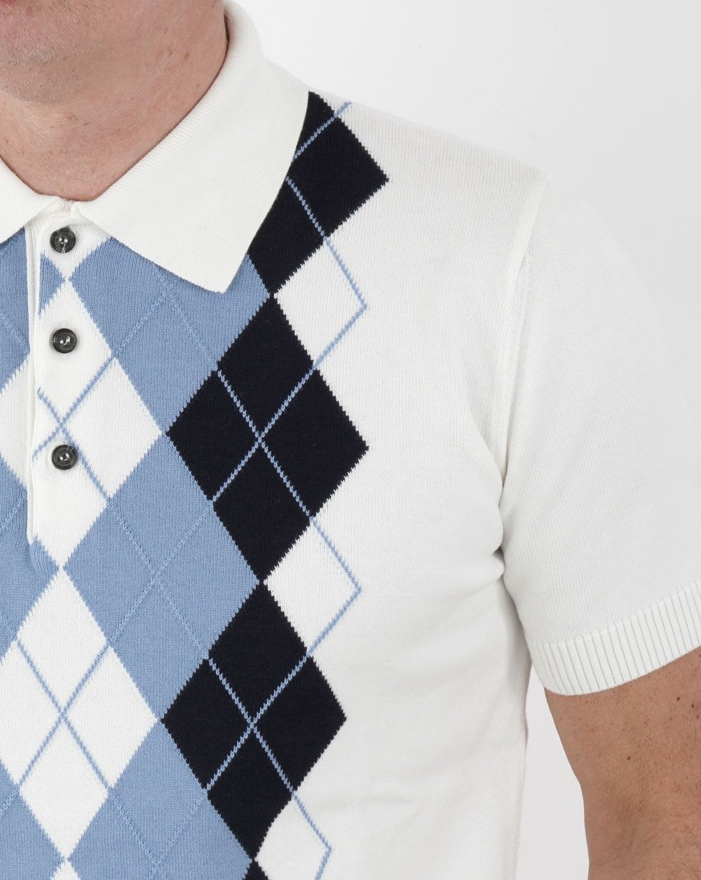 Trojan Argyle Fine Knit Polo White-Sky-Navy