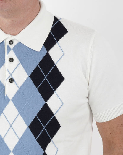 Trojan Argyle Fine Knit Polo White-Sky-Navy
