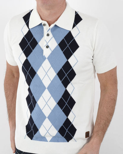 Trojan Argyle Fine Knit Polo White-Sky-Navy