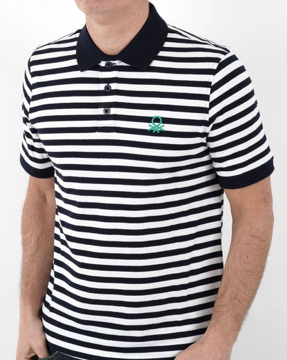 Benetton Striped Polo Navy