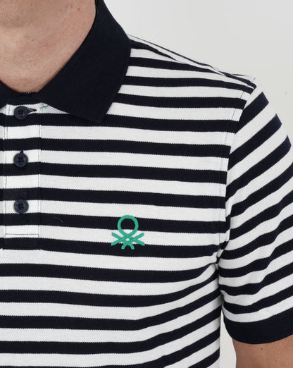 Benetton Striped Polo Navy