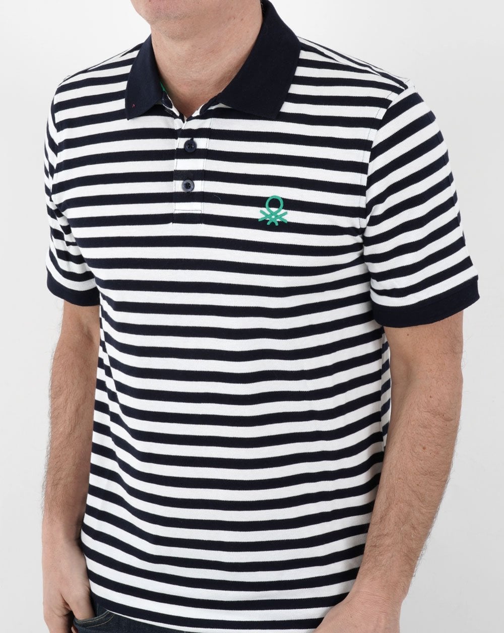 Benetton Striped Polo Navy