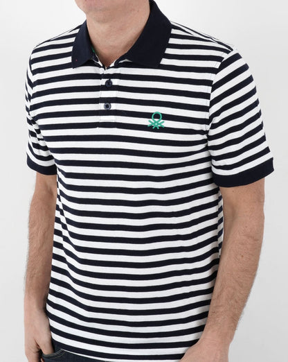 Benetton Striped Polo Navy