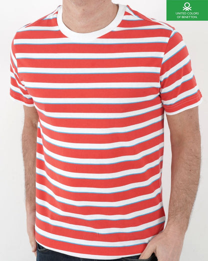 Benetton Stripe Crew Neck T-shirt Red