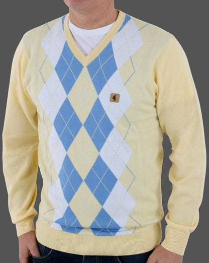 Gabicci Vintage Diamond Argyle V-neck Knit Lemon