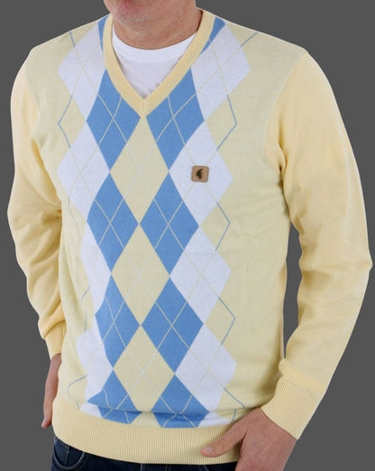 Gabicci Vintage Diamond Argyle V-neck Knit Lemon