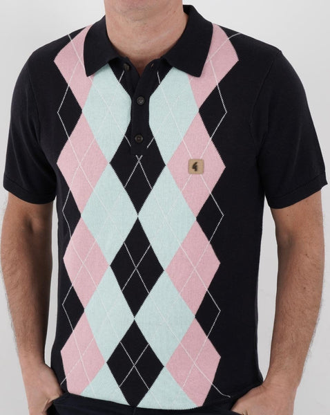 Gabicci Vintage Bogart Knitted Polo Navy/Sky/Pink