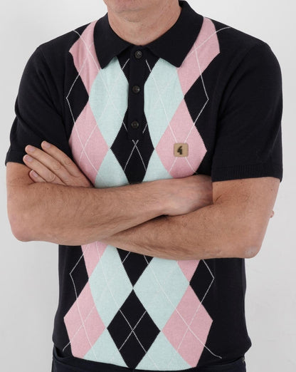 Gabicci Vintage Bogart Knitted Polo Navy/Sky/Pink