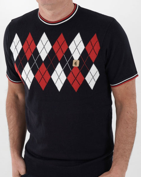 Gabicci Vintage Diamond Argyle Crew Knit Navy