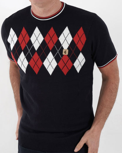 Gabicci Vintage Diamond Argyle Crew Knit Navy