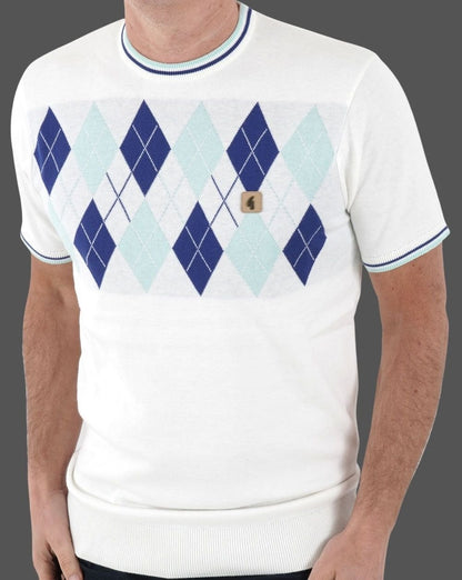 Gabicci Vintage Diamond Argyle Crew Knit White