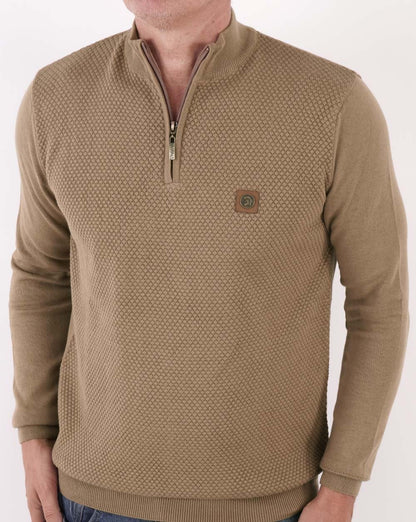 Trojan Textured Zip Funnel Neck Knit Camel