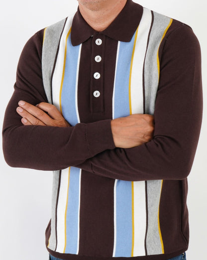 Ska & Soul Stripe Long Sleeve Knit Polo Chocolate