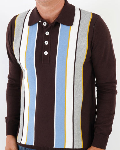 Ska & Soul Stripe Long Sleeve Knit Polo Chocolate