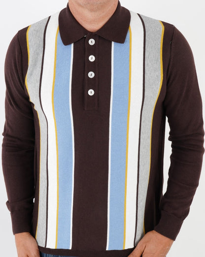 Ska & Soul Stripe Long Sleeve Knit Polo Chocolate