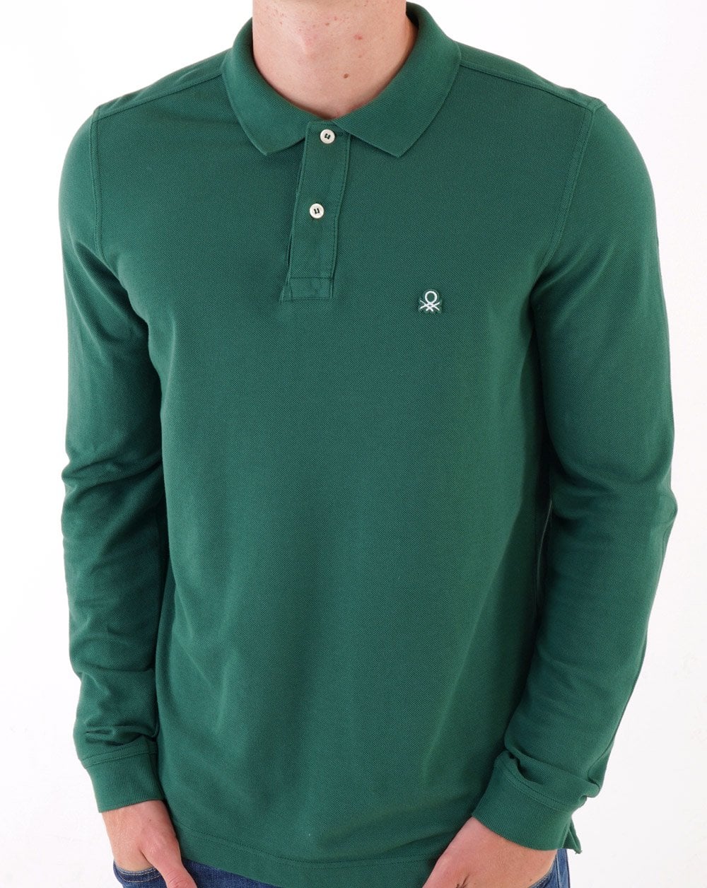Benetton Long Sleeve Polo Shirt Dark Green