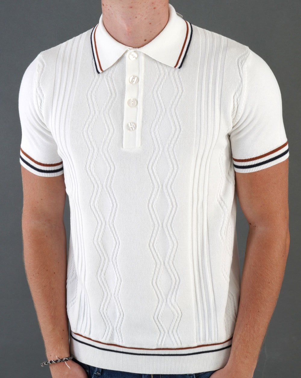 Ska & Soul Pointelle Fine Gauge Polo Ecru