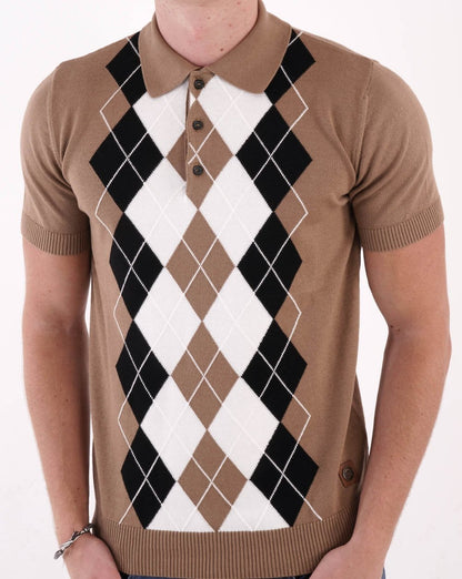 Trojan Argyle Fine Knit Polo Camel