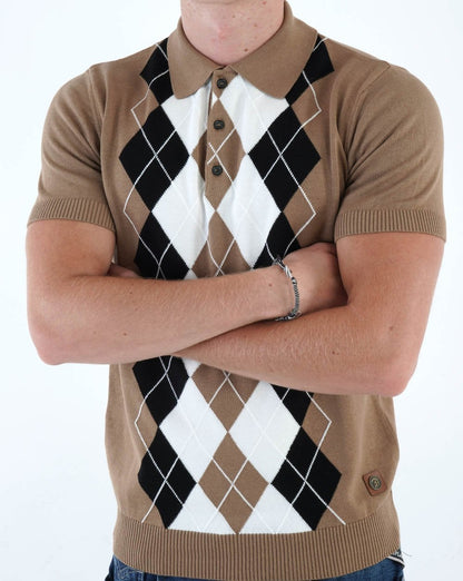 Trojan Argyle Fine Knit Polo Camel