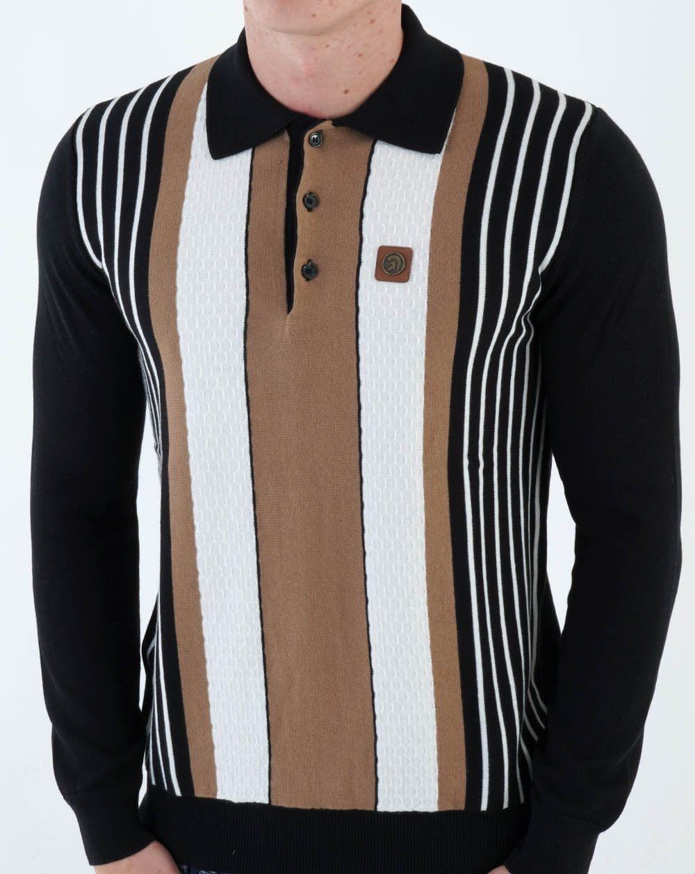 Trojan Dobby Stripe Long Sleeve Knit Polo Black