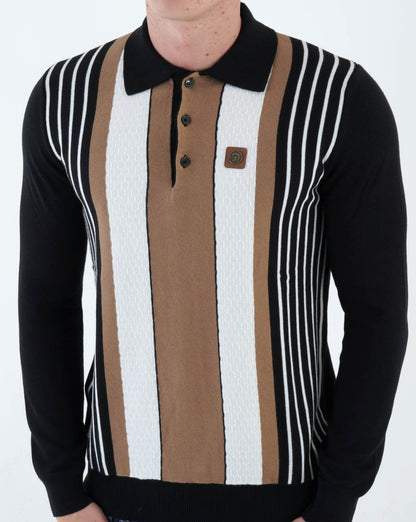 Trojan Dobby Stripe Long Sleeve Knit Polo Black