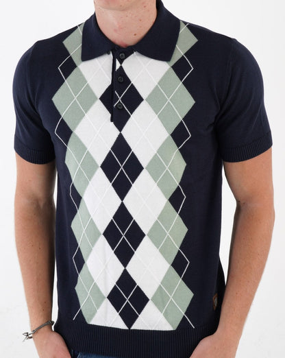 Trojan Argyle Fine Knit Polo Navy