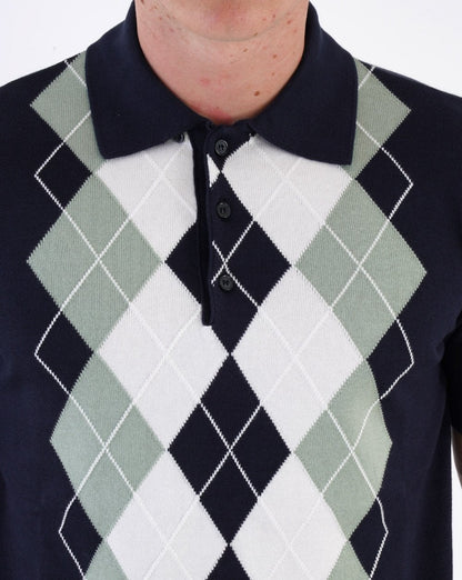 Trojan Argyle Fine Knit Polo Navy
