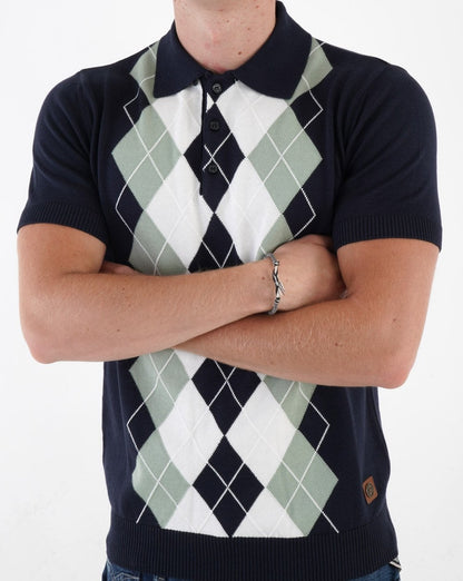Trojan Argyle Fine Knit Polo Navy