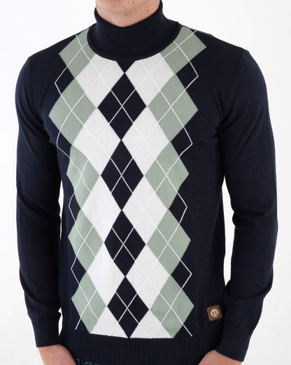 Trojan Argyle Knit Roll Neck Navy