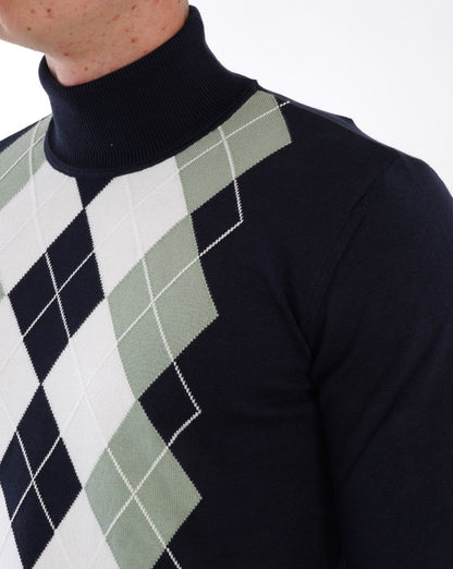 Trojan Argyle Knit Roll Neck Navy