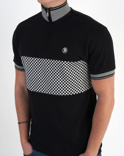 Trojan Chequerboard Panel Zip Polo Black