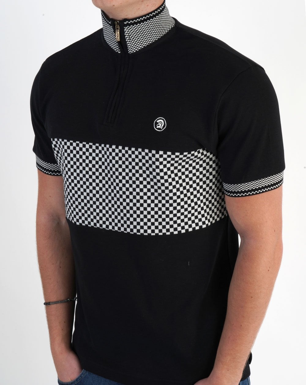Trojan Chequerboard Panel Zip Polo Black