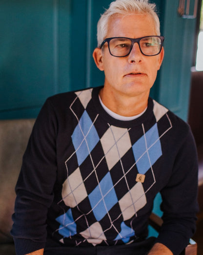 Gabicci Vintage Argyle Diamond Crew Knit Navy
