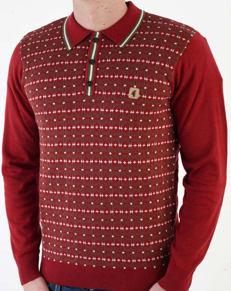 Gabicci Vintage Ernest Long Sleeve Knitted Polo Dark Red