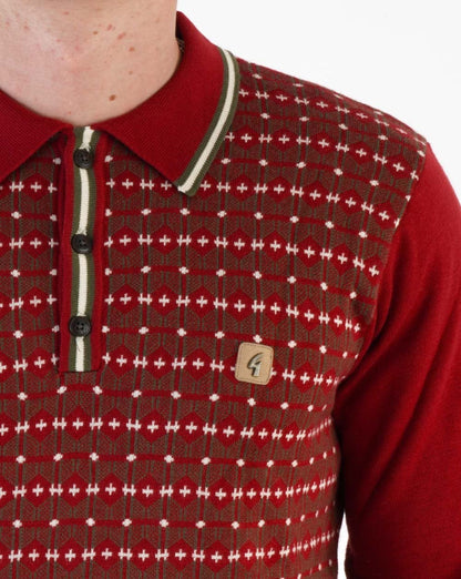 Gabicci Vintage Ernest Long Sleeve Knitted Polo Dark Red
