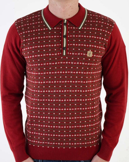 Gabicci Vintage Ernest Long Sleeve Knitted Polo Dark Red