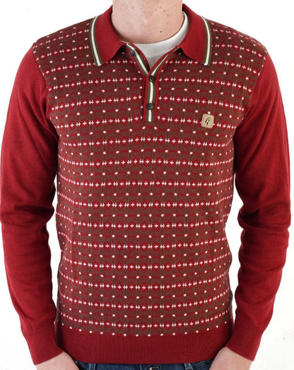 Gabicci Vintage Ernest Long Sleeve Knitted Polo Dark Red