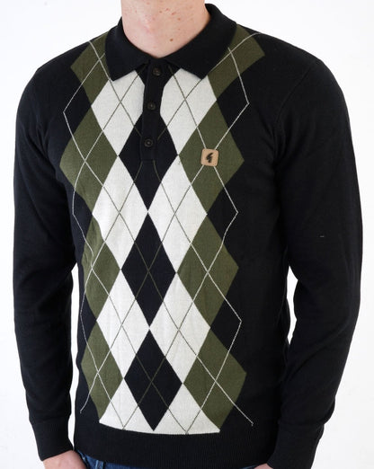 Gabicci Vintage Diamond Knit Polo Black Olive