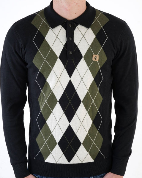 Gabicci Vintage Diamond Knit Polo Black Olive