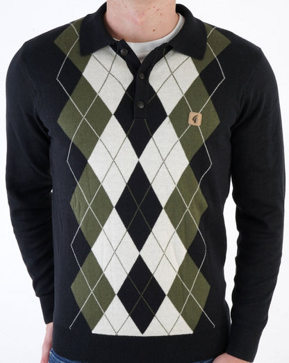 Gabicci Vintage Diamond Knit Polo Black Olive