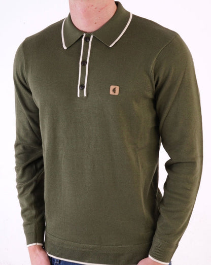 Gabicci Vintage Lineker Long Sleeve Knitted Polo Olive