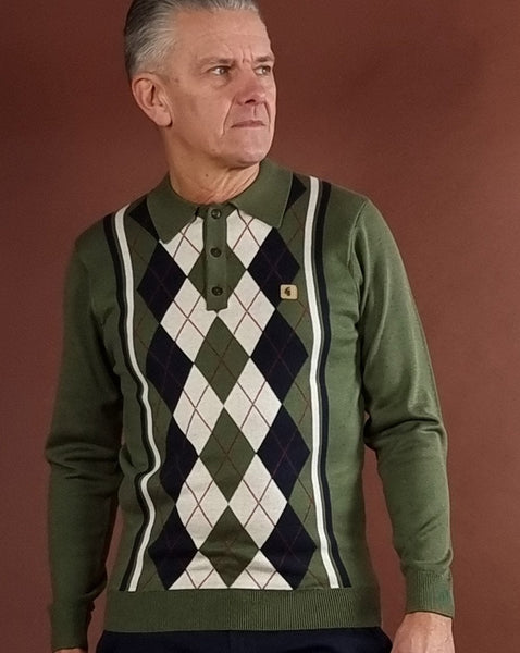 Gabicci Vintage Humphrey Long Sleeve Knitted Polo Olive