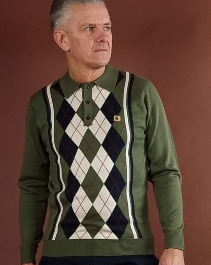 Gabicci Vintage Humphrey Long Sleeve Knitted Polo Olive