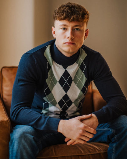 Trojan Argyle Knit Roll Neck Navy