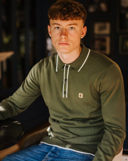 Gabicci Vintage Lineker Long Sleeve Knitted Polo Olive