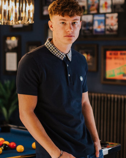 Pretty Green Houndstooth Collar Polo Shirt Navy