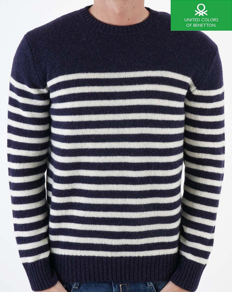 Benetton Striped Wool Jumper Navy/Ecru