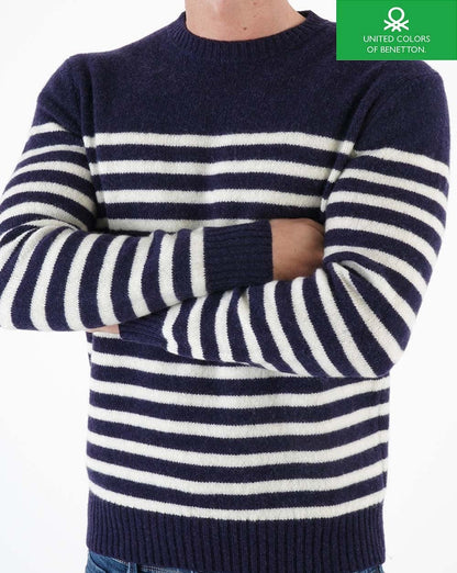 Benetton Striped Wool Jumper Navy/Ecru
